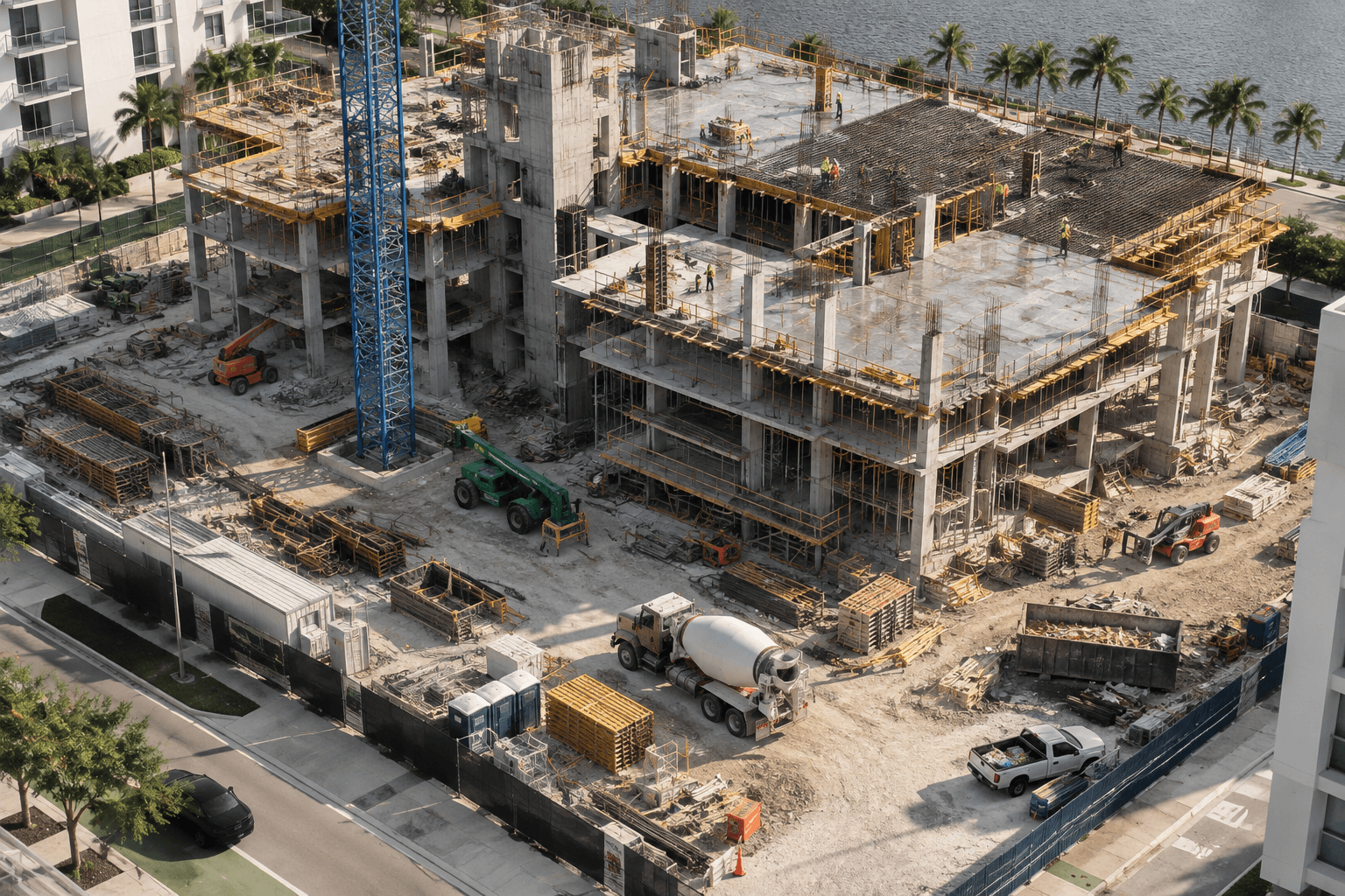 Construction site freight delivery with materials staged for a multi-story build