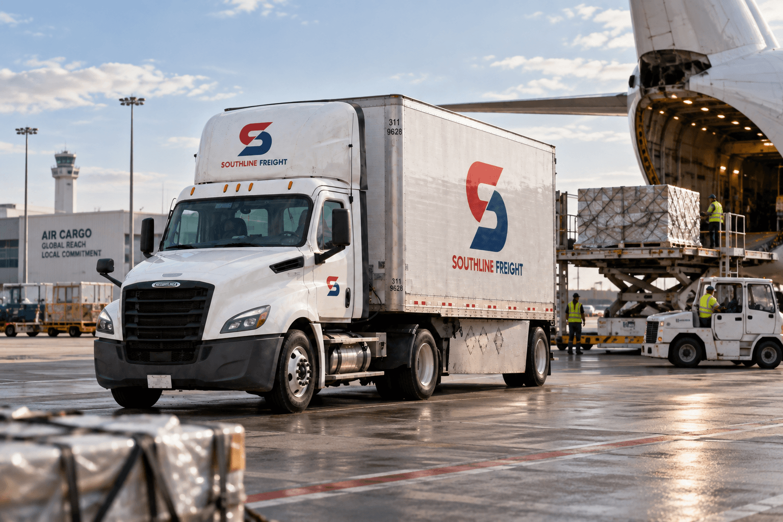 Southline Freight truck recovering air cargo on the ramp beside a freighter aircraft