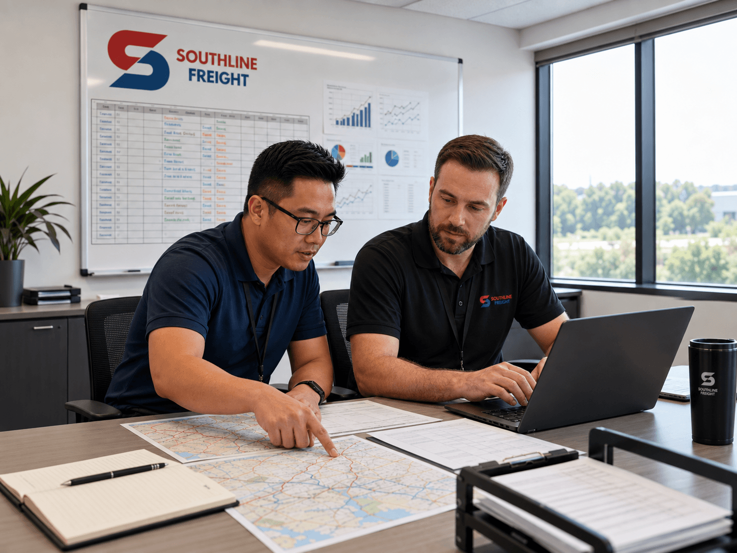 Southline Freight dispatch team planning dedicated routes on a regional map