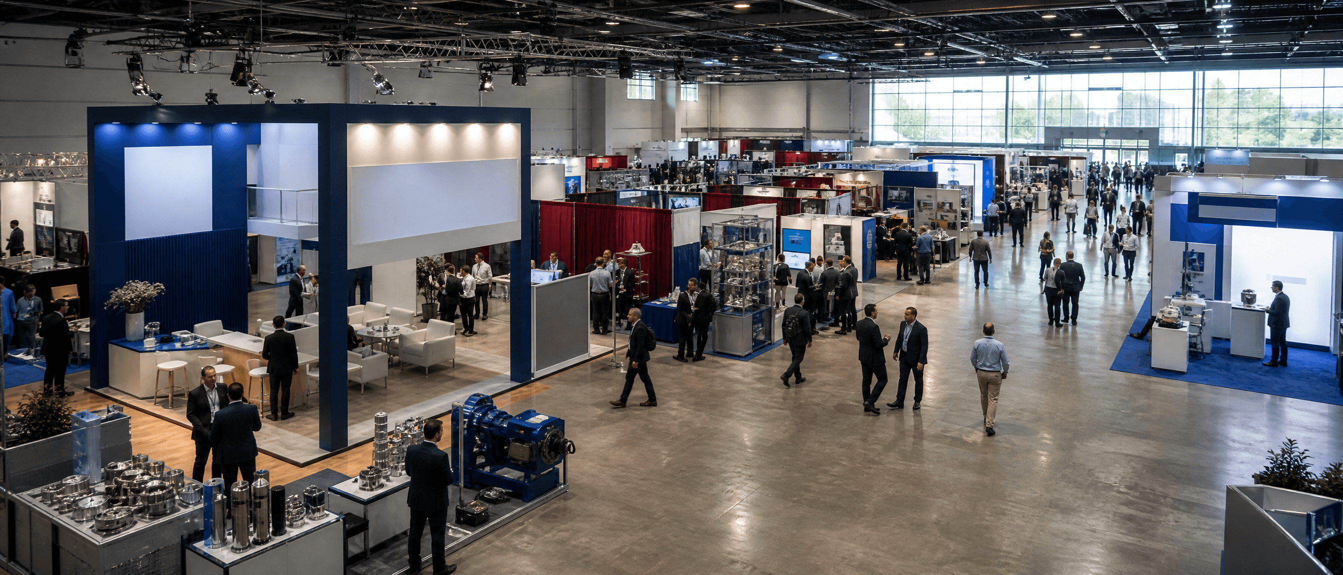 Trade show exhibit floor with booths and attendees