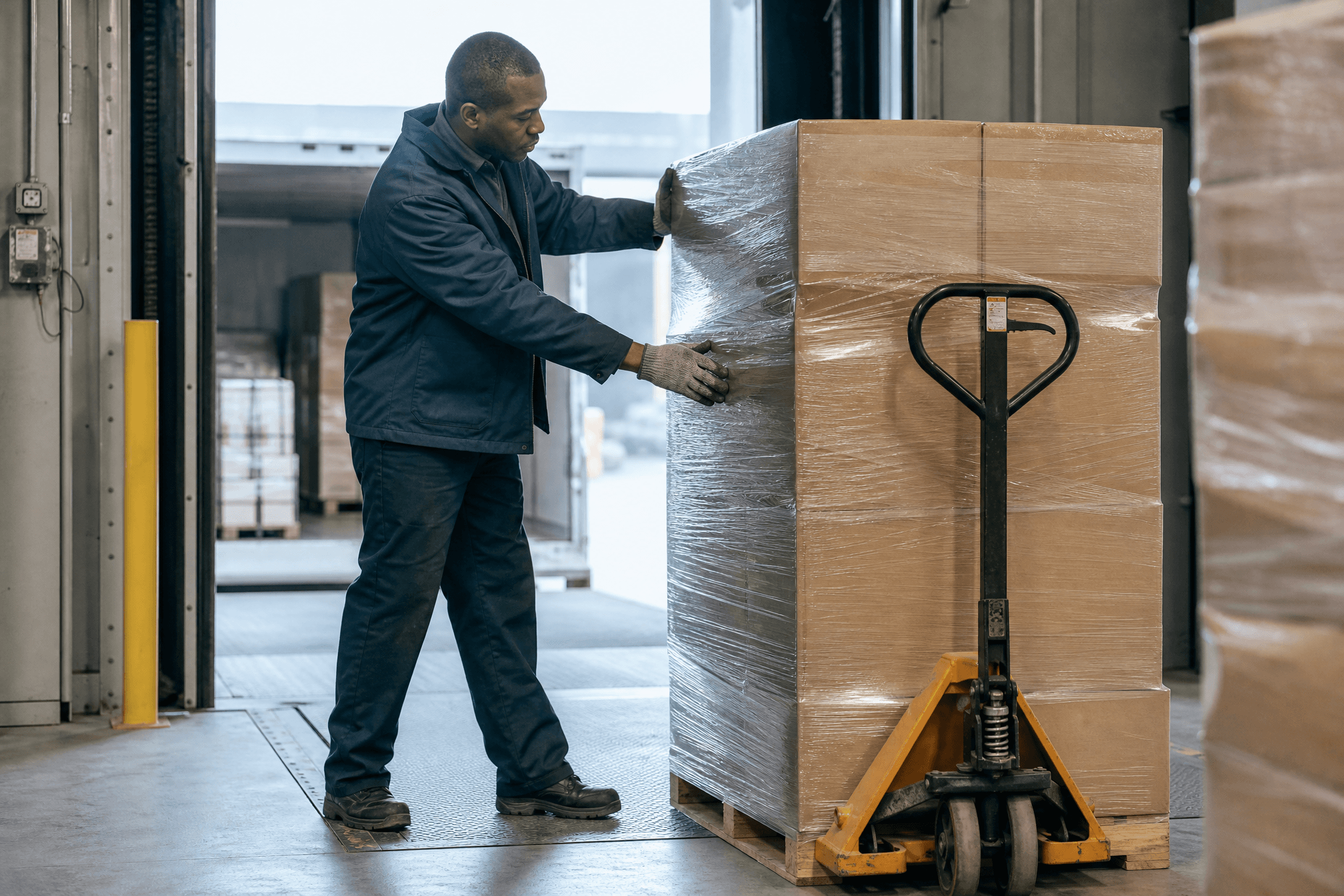 White glove delivery of a shrink-wrapped pallet handled carefully at the dock